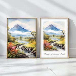 Puede incluir: Una pintura de acuarela de un paisaje de montaña con un río que fluye a través de él. La pintura está enmarcada en un marco dorado y tiene el texto "Virunga National Park DR Congo" en la parte inferior.