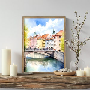 a painting of a city with a bridge over a river