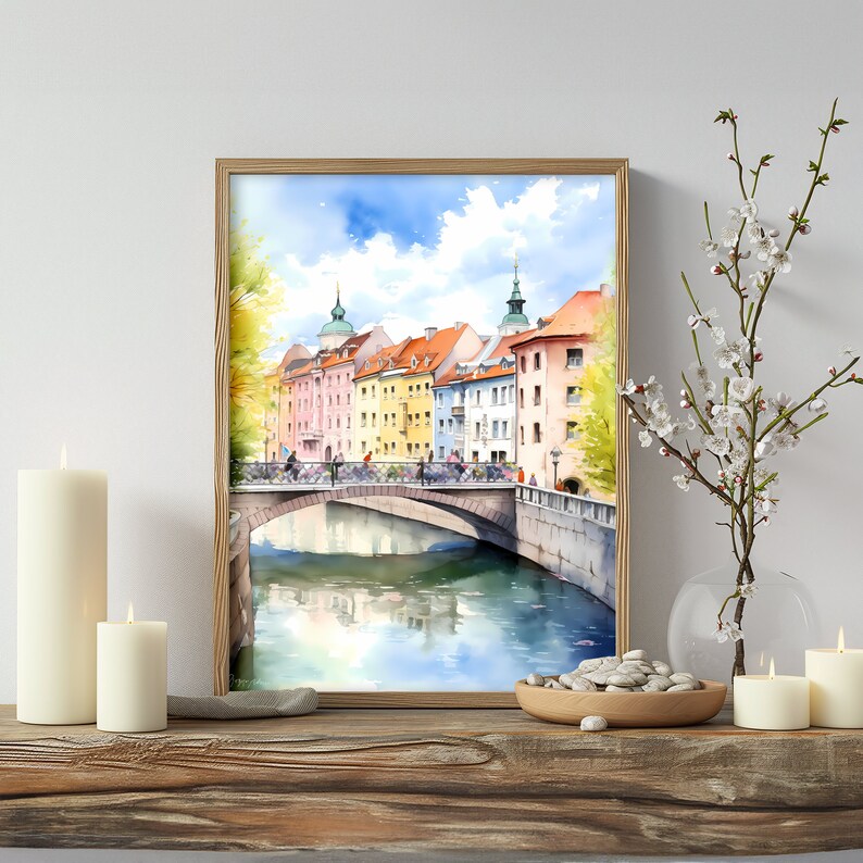 a painting of a city with a bridge over a river