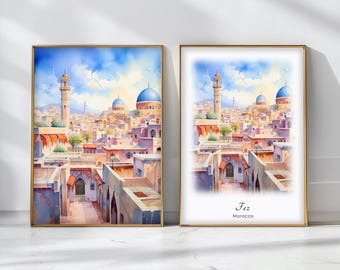 Fez Watercolor Poster Travel Art Print Morocco Landscape Art Decor Inspirational Wall Art Travel Gift