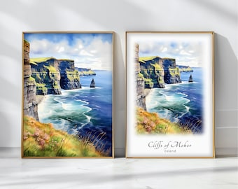 Cliffs of Moher aquarel poster reizen kunst print Ierland landschapskunst decor inspirerende muur kunst reiscadeau