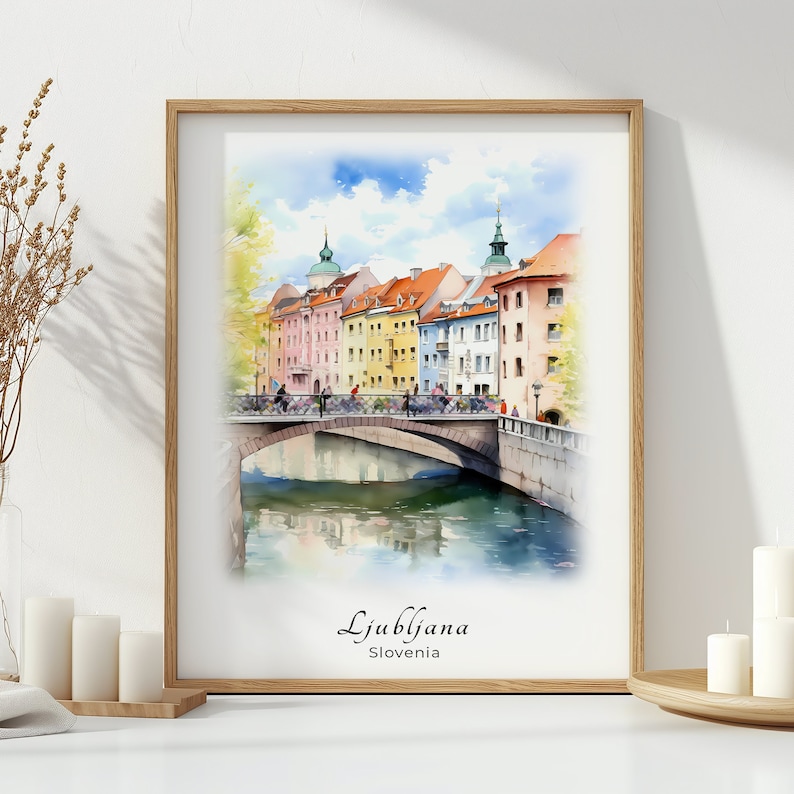 a watercolor painting of a bridge over a river