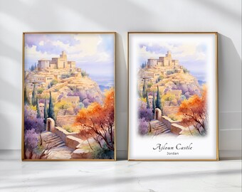 Ajloun Castle Watercolor Poster Travel Art Print Jordan Landscape Art Decor Inspirational Wall Art Travel Gift