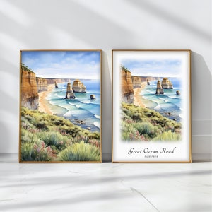 Póster de acuarela de Great Ocean Road, impresión artística de viaje, arte de paisaje australiano, decoración de pared inspiradora, regalo de viaje