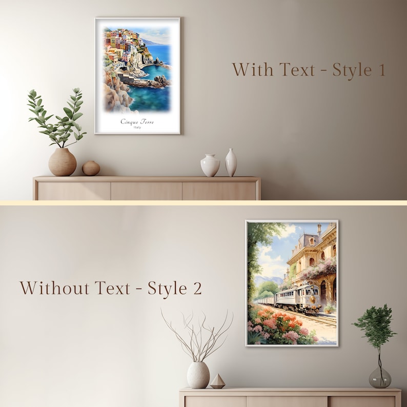 May include: Two framed watercolor paintings, one depicting a colorful Italian village with the text "Cinque Terre, Italy" and the other showing a train passing a building with flowers.