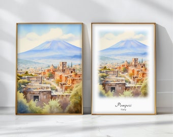 Póster de acuarela de Pompeya, impresión artística de viaje, paisaje de Italia, decoración artística de pared inspiradora, regalo de viaje