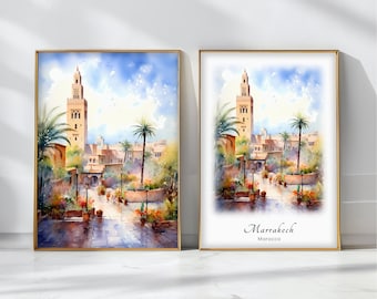 Marrakech Watercolor Poster Travel Art Print Morocco Landscape Art Decor Inspirational Wall Art Travel Gift
