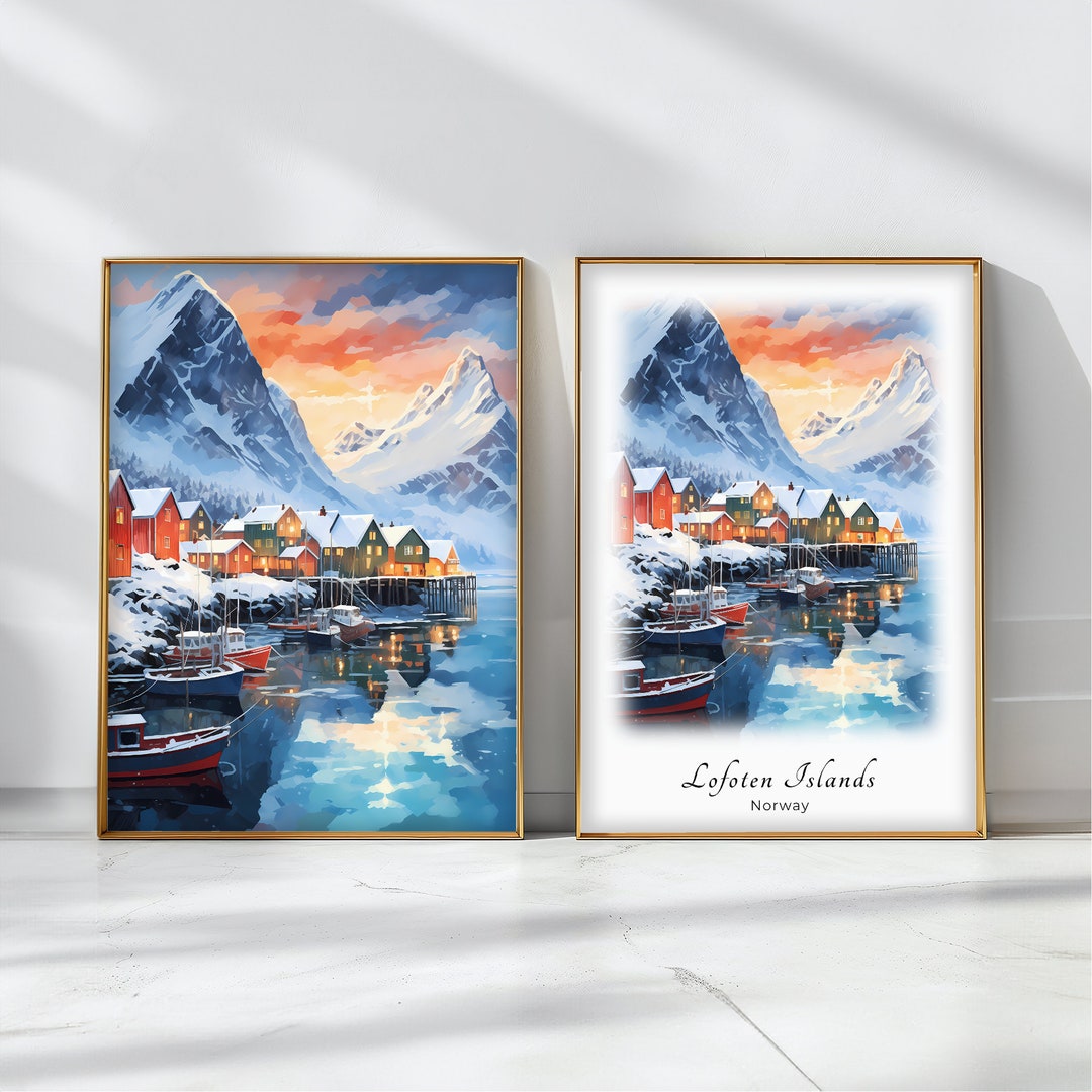 Visual Reference: Lofoten Islands Watercolor Poster Travel Art Print Norway Landscape Art