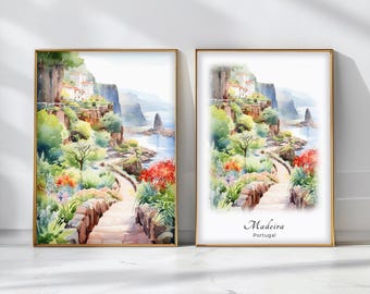 Madeira Watercolor Poster Travel Art Print Portugal Landscape Art Decor Inspirational Wall Art Travel Gift