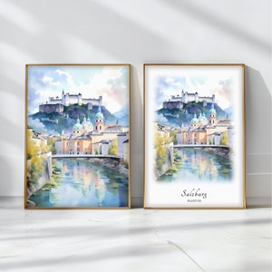 Póster de acuarela de Salzburgo, impresión artística de viaje, arte de paisaje de Austria, decoración de pared inspiradora, regalo de viaje