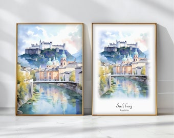 Salzburg Watercolor Poster Travel Art Print Austria Landscape Art Decor Inspirational Wall Art Travel Gift