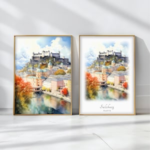 Salzburg Watercolor Poster Travel Art Print Austria Landscape Art Decor Inspirational Wall Art Travel Gift