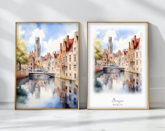 Affiche de voyage aquarelle de Bruges, impression d'art, paysage pittoresque de la Belgique, décoration urbaine, tenture murale inspirante, cadeau de voyage