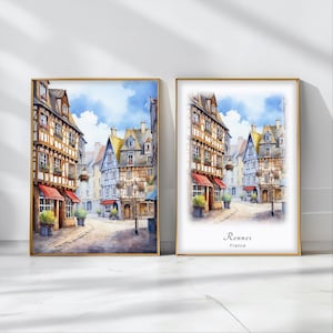 Rennes aquarela pôster viagem arte impressão França paisagem arte decoração inspiradora arte de parede viagem presente