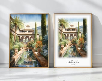 Póster de acuarela de la Alhambra, impresión artística de viaje, decoración de paisajes de España, arte de pared inspirador, regalo de viaje