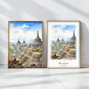 Borobudur Watercolor Poster Travel Art Print Indonesia Landscape Art Decor Inspirational Wall Art Travel Gift