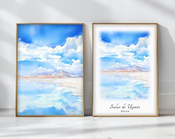 Salar de Uyuni Watercolor Poster Travel Art Print Bolivia  Landscape Art Decor Inspirational Wall Art Travel Gift