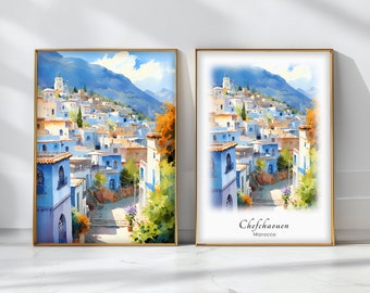 Chefchaouen Watercolor Poster Travel Art Print Morocco Landscape Art Decor Inspirational Wall Art Travel Gift