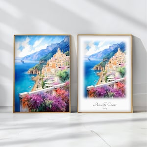 Amalfi Coast Watercolor Poster Travel Art Print Italy Landscape Art Decor Inspirational Wall Art Travel Gift