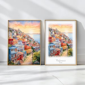 Valparaiso Watercolor Poster Travel Art Print Chile Landscape Art Decor Inspirational Wall Art Travel Gift