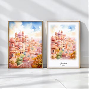 Peut inclure: Deux peintures à l'aquarelle encadrées d'une ville en Inde. Les peintures sont dans un schéma de couleurs rose clair, orange et jaune. Le texte "Jaipur, Inde" est imprimé sous l'image de droite.