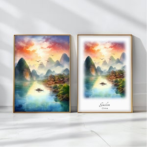 Guilin Watercolor Poster Travel Art Print China Landscape Art Decor Inspirational Wall Art Travel Gift