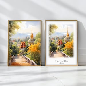 Chiang Mai Watercolor Poster Travel Art Print Thailand Landscape Art Decor Inspirational Wall Art Travel Gift