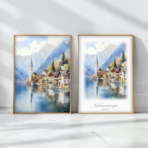 Salzkammergut Watercolor Poster Travel Art Print Austria  Landscape Art Decor Inspirational Wall Art Travel Gift