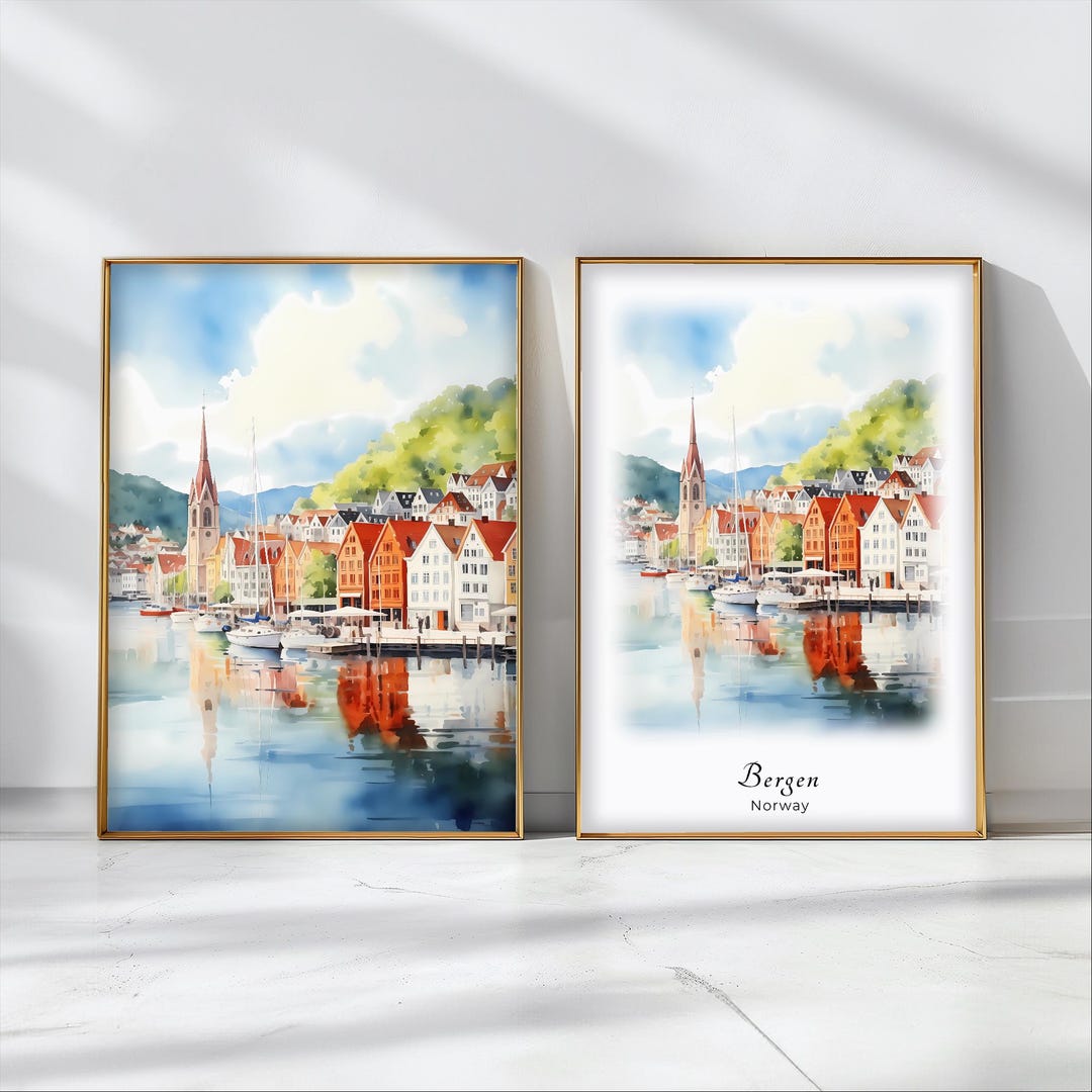 Bergen Watercolor Poster Travel Art Print Norway Landscape Art Decor Photo Inspiration