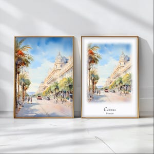 Pôster de aquarela de Cannes, impressão de arte de viagem, França, decoração de arte de paisagem, arte de parede inspiradora, presente de viagem
