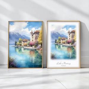 Lake Annecy Watercolor Poster Travel Art Print France Landscape Art Decor Inspirational Wall Art Travel Gift
