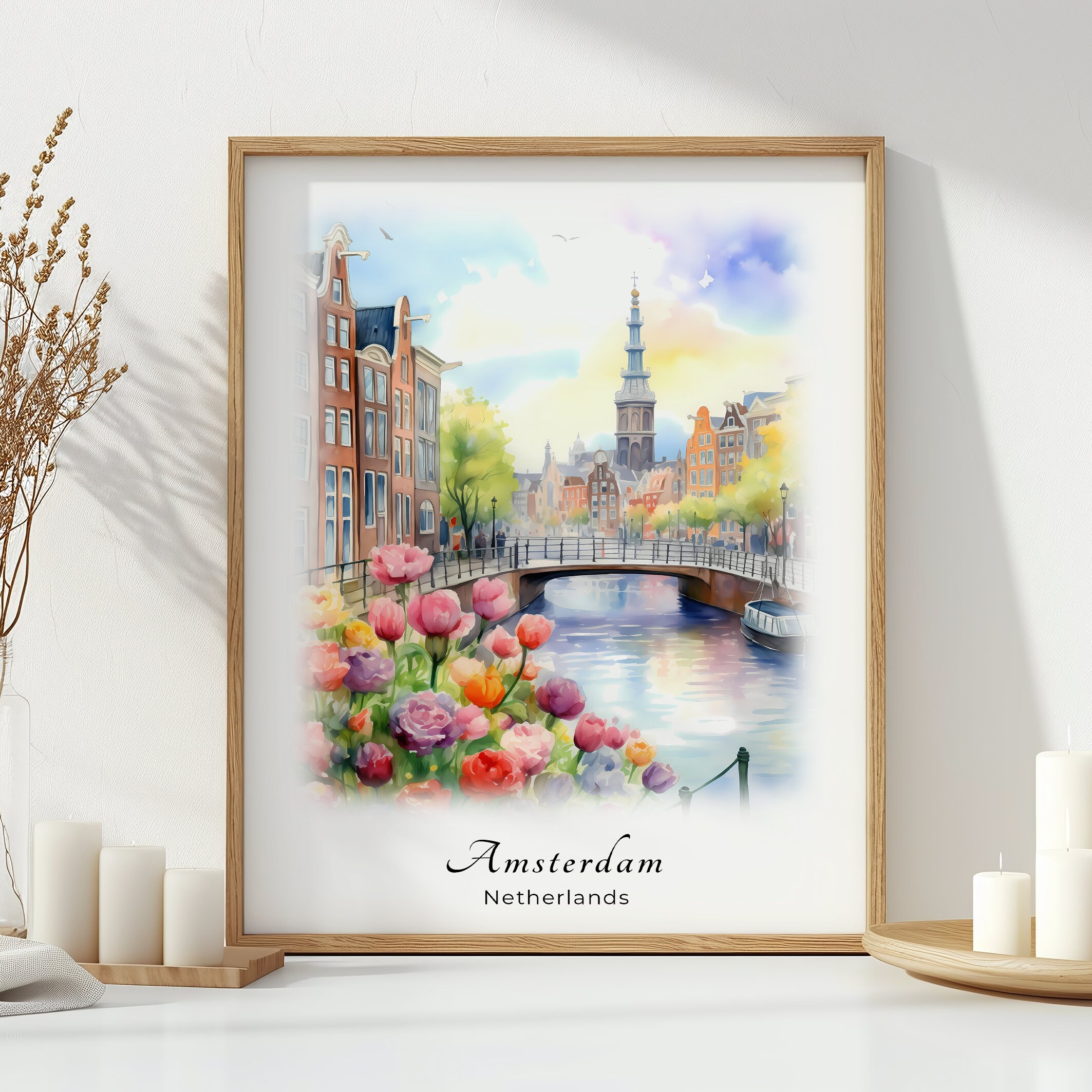 Amsterdam Watercolor Poster Travel Art Print Netherlands Landscape Art ...