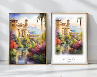 Póster de acuarela de la Alhambra, impresión artística de viaje, decoración de paisajes de España, arte de pared inspirador, regalo de viaje