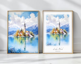 Lake Bled Watercolor Poster Travel Art Print Slovenia Landscape Art Decor Inspirational Wall Art Travel Gift