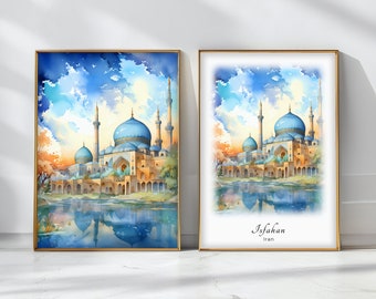 Póster de acuarela de Isfahán, impresión artística de viaje, paisaje de Irán, decoración artística de pared inspiradora, regalo de viaje