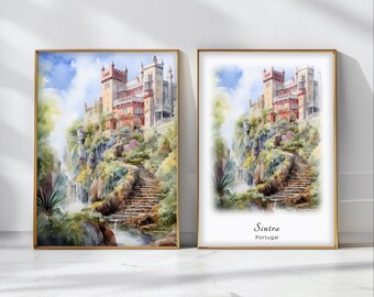 Sintra Akwarela Plakat Podróż Sztuka Wydruk Portugalia Krajobraz Sztuka Dekoracja Inspirująca Sztuka Ścienna Podróż Prezent