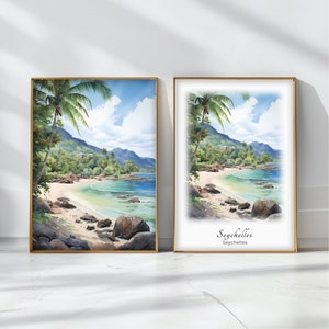 Seychellen Aquarell Poster Reise Kunstdruck Seychellen Landschaft Kunst Dekor Inspiration Wand Kunst Reise Geschenk