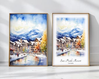 Sun Peaks Resort Watercolor Poster Travel Art Print Canada Landscape Art Decor Inspirational Wall Art Travel Gift