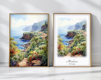 Madeira Watercolor Poster Travel Art Print Portugal Landscape Art Decor Inspirational Wall Art Travel Gift