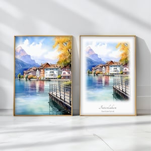 Interlaken Watercolor Poster Travel Art Print Switzerland Landscape Art Decor Inspirational Wall Art Travel Gift