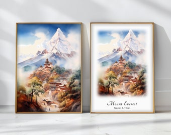 エベレスト 水彩画ポスター 旅行アートプリント ネパールとチベットの風景アート 装飾 インスピレーションを与える壁アート 旅行ギフト