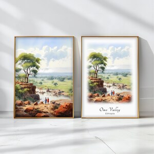 Poster acquerello della valle dell'Omo, stampa artistica da viaggio, paesaggio dell'Etiopia, decorazione artistica da parete ispiratrice, regalo da viaggio