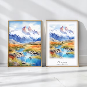 Patagonia Watercolor Poster Travel Art Print Argentina & Chile Landscape Art Decor Inspirational Wall Art Travel Gift