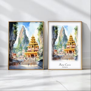 May include: A watercolor painting of the Batu Caves temple in Malaysia. The temple is a golden color and is surrounded by lush green foliage. The temple is located at the base of a large rock formation.
