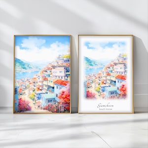 Gamcheon Watercolor Poster Travel Art Print South Korea Landscape Art Decor Inspirational Wall Art Travel Gift
