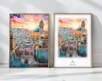 Fez Watercolor Poster Travel Art Print Morocco  Landscape Art Decor Inspirational Wall Art Travel Gift