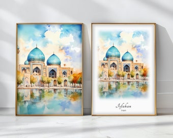 Póster de acuarela de Isfahán, impresión artística de viaje, paisaje de Irán, decoración artística de pared inspiradora, regalo de viaje