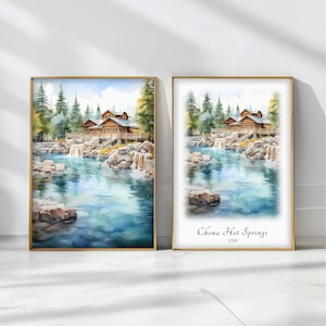 May include: A watercolor painting of a cabin by a river with a waterfall. The cabin is surrounded by trees and the water is a light blue color. The text "Chena Hot Springs USA" is at the bottom of the painting.