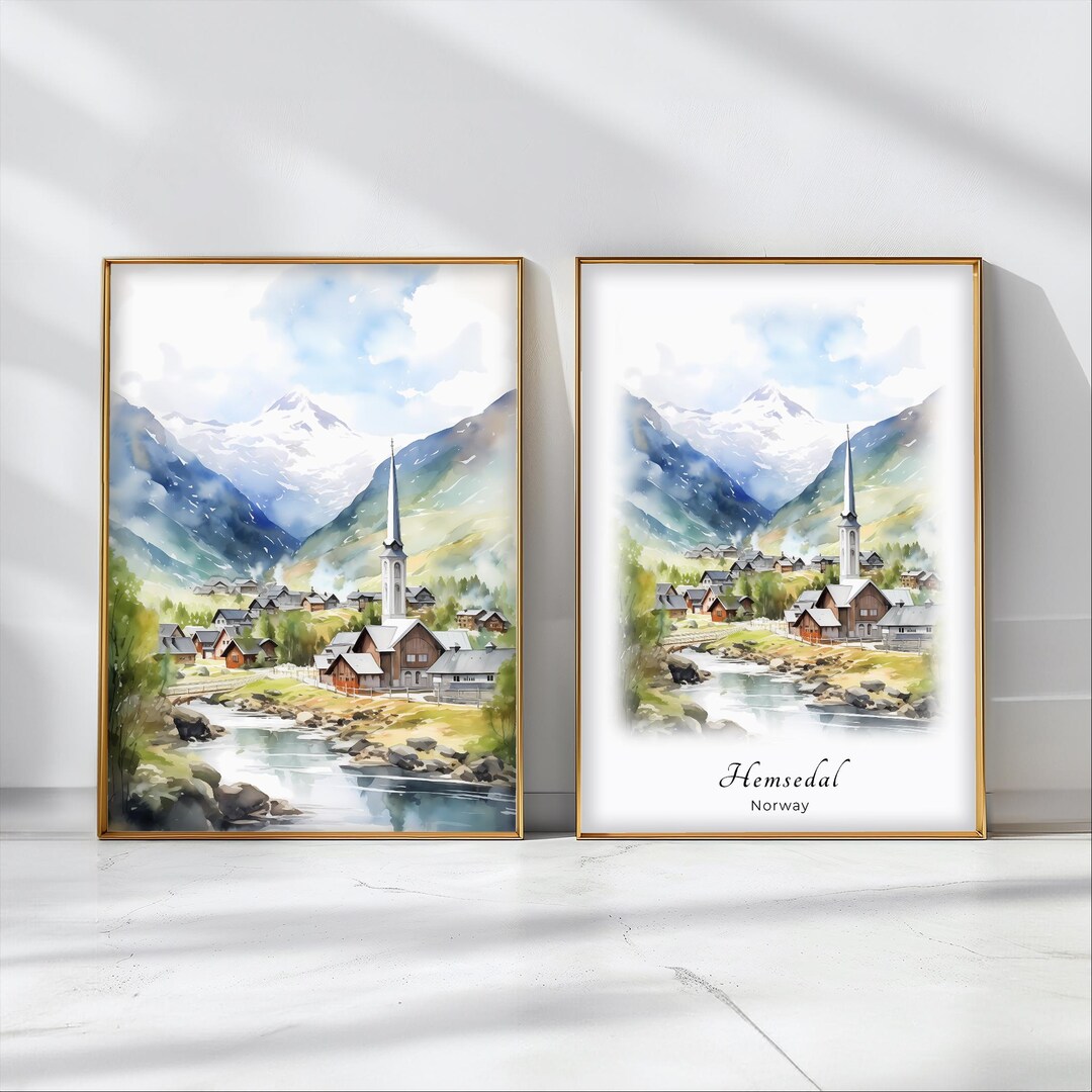 Curated visual reference: Visual Reference: Hemsedal Watercolor Poster Travel Art Print Norway Landscape Art Decor