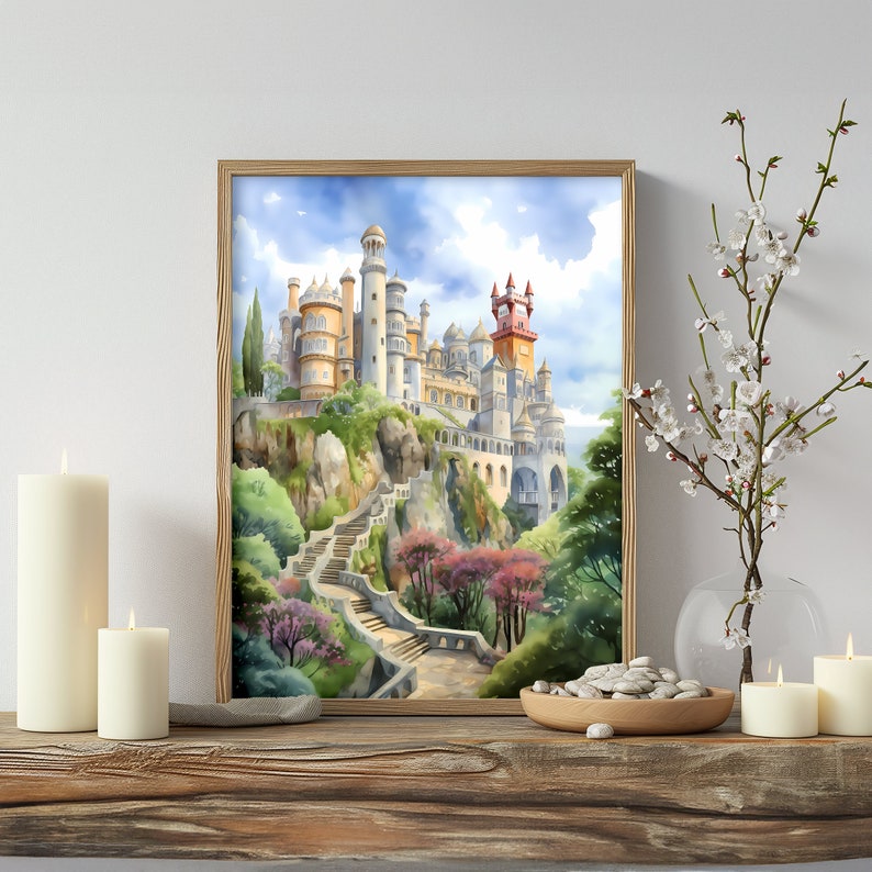 a painting of a castle on a wall next to candles